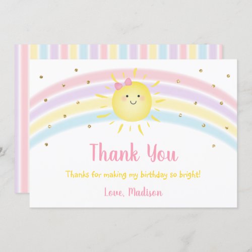 Sunshine Rainbow Pink Gold Birthday Thank You Invitation