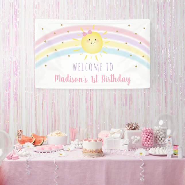 Sunshine Rainbow Pink Gold First Birthday Banner (Party)