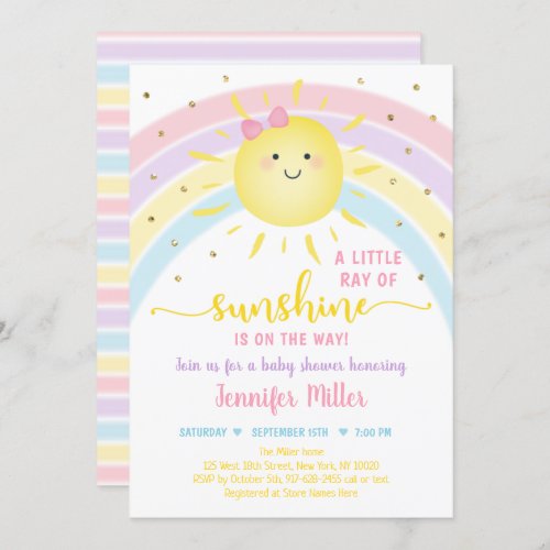 Sunshine Rainbow Pink Gold Pastel Baby Shower Invitation