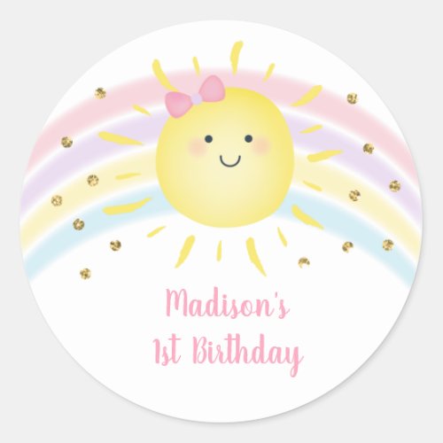 Sunshine Rainbow Pink Gold Pastel Birthday Classic Round Sticker