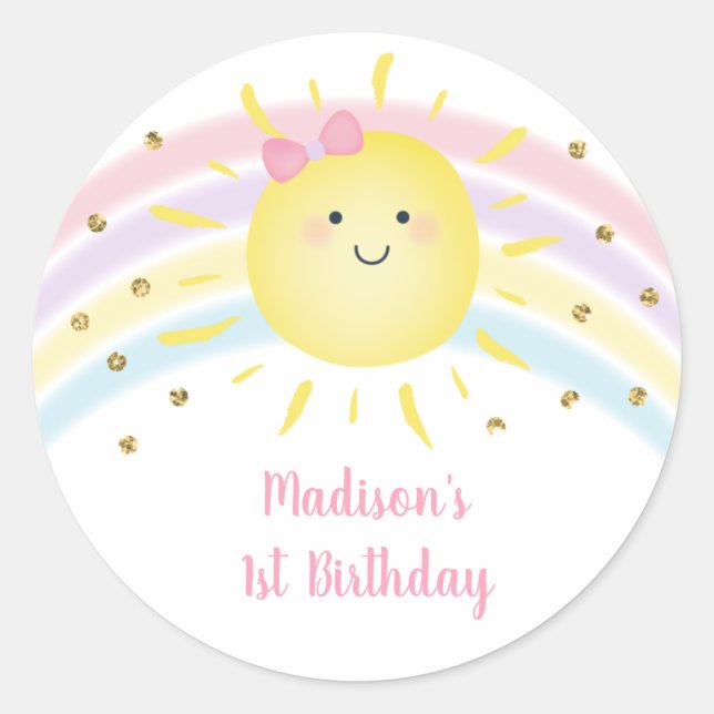 Sunshine Rainbow Pink Gold Pastel Birthday Classic Round Sticker (Front)