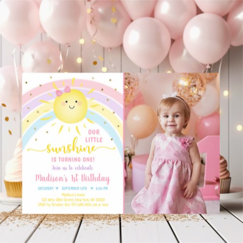 Sunshine Rainbow Pink Gold Pastel Birthday Invitation