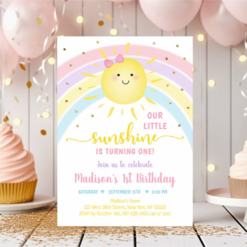 Sunshine Rainbow Pink Gold Pastel Birthday Invitation