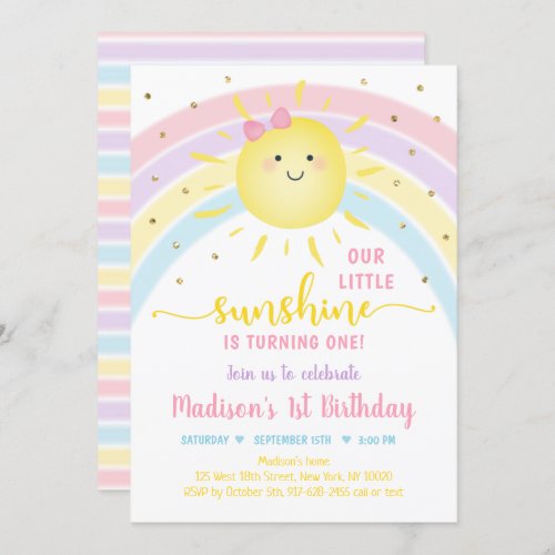 Sunshine Rainbow Pink Gold Pastel Birthday Invitation