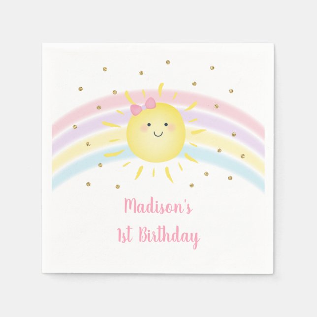 Sunshine Rainbow Pink Gold Pastel Birthday Napkins (Front)