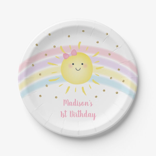 Sunshine Rainbow Pink Gold Pastel Birthday Paper Plates (Front)