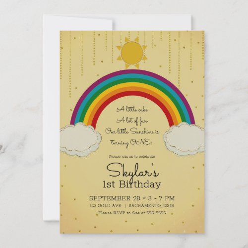 Sunshine Rainbow Yellow Gold 1st Birthday Party Invitation