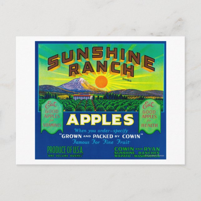 Sunshine Ranch Apple Label - Wapato, WA Postcard (Front)