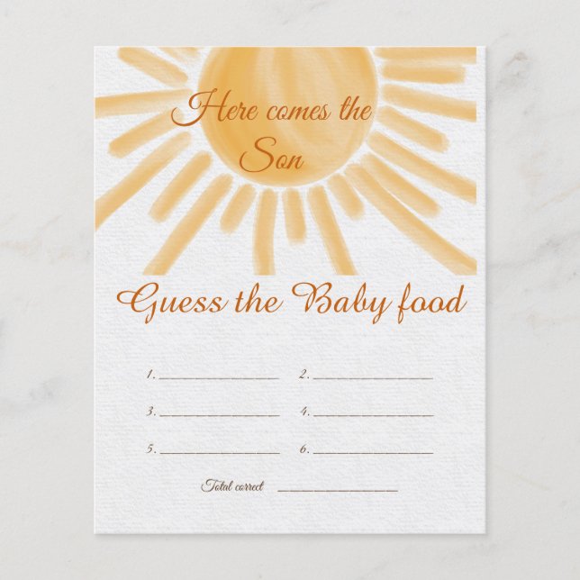 Sunshine Ray Sun Baby Shower Guess Food Game Card (Front)