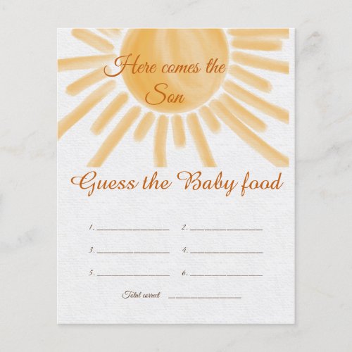 Sunshine Ray Sun Baby Shower Guess Food Game Card