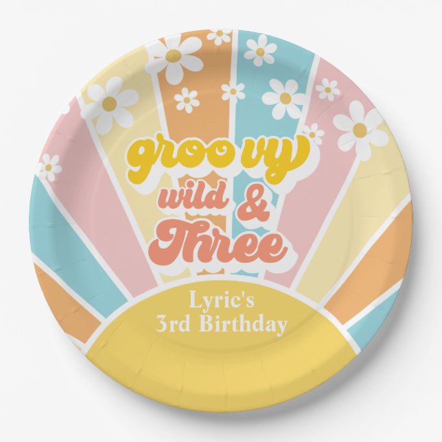 Sunshine Retro daisy 3rd birthday Paper Plates (Front)