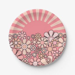 Sunshine Retro Garden Groovy Pink Flowers & Sun Paper Plates