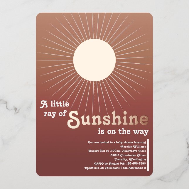 Sunshine Rose Gold Sun Baby Shower Foil Invitation (Front)