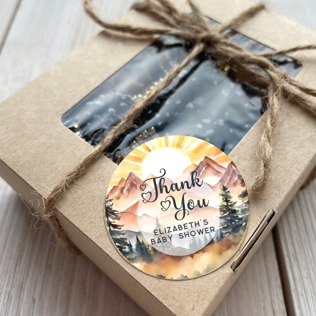 Sunshine Rustic Nature Mountains Script Thank You Classic Round Sticker (Creator Uploaded)