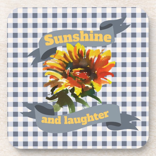 Sunshine Sunflower Blue-gray Gingham Beverage Coaster (Front)