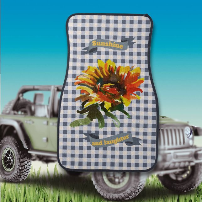 Sunshine Sunflower Blue-gray Gingham Car Floor Mat (Car mat in cheerful blue gray gingham and sunflower design)