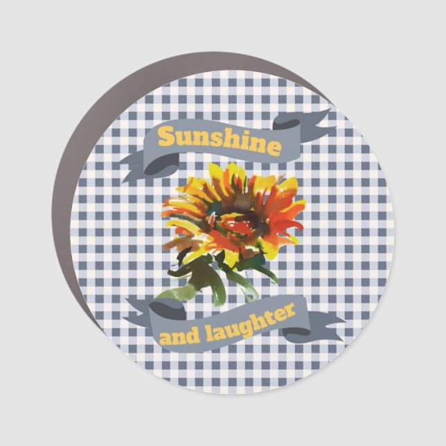 Sunshine Sunflower Blue-gray Gingham Car Magnet (Front)