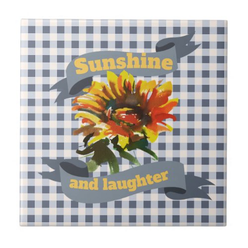 Sunshine Sunflower Blue_gray Gingham Ceramic Tile