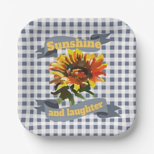 Sunshine Sunflower Blue_gray Gingham Paper Plates