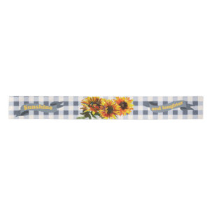 Sunshine Sunflower Blue-gray Gingham Satin Ribbon
