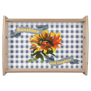 Sunshine Sunflower Blue-gray Gingham Serving Tray