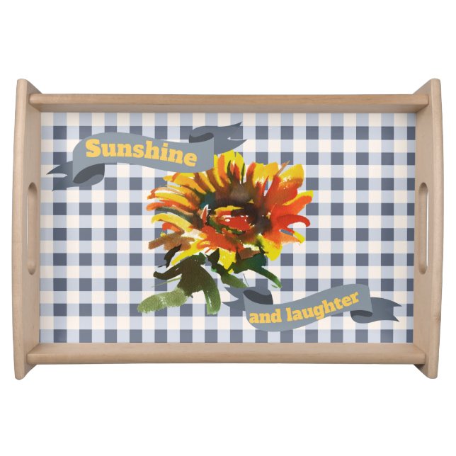 Sunshine Sunflower Blue-gray Gingham Serving Tray (Front)