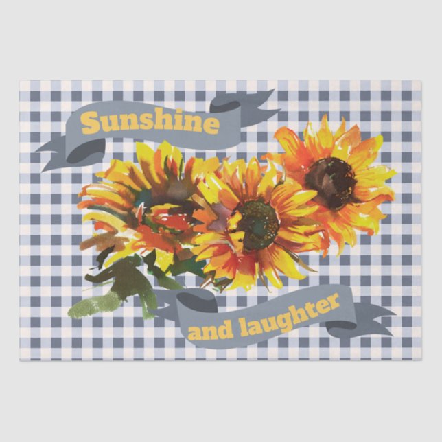 Sunshine Sunflower Blue-gray Gingham Tissue Paper (Front)