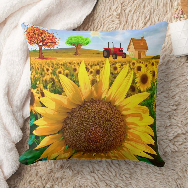 Sunshine Sunflower Field - Rustic Farmhouse Throw Pillow (Blanket)