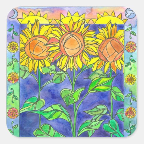 Sunshine Sunflowers Watercolor Flower Painting Square Sticker