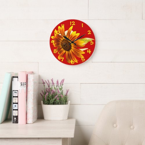 Sunshine Super Sunflower on Red Wall Clock