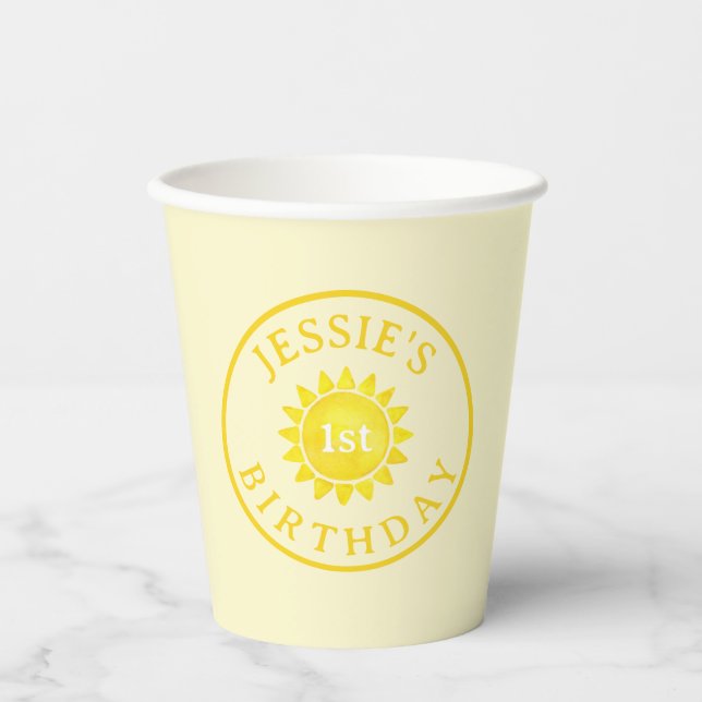Sunshine Theme 1st Birthday Paper Cups – Boho Firs (Front)