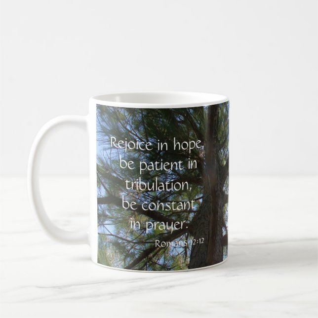 Sunshine thru Pine Tree, Bible Verse Hope & Prayer Coffee Mug (Left)