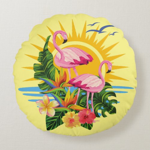 Sunshine Tropical Flamingos and Flowers Round Pillow