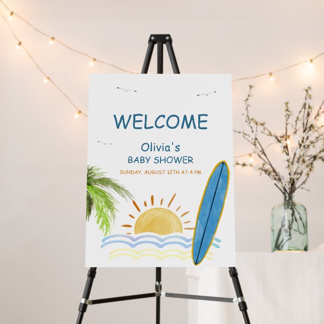 Sunshine Tropical Surf Baby Shower Welcome Sign (In Situ (Stand))