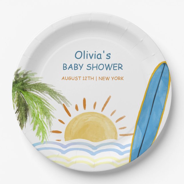 Sunshine Tropical Surfing Baby Shower  Paper Plates (Front)
