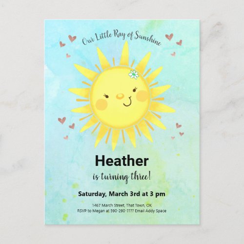 Sunshine Watercolor Kids Birthday Party Invitation