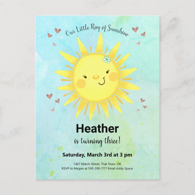 Sunshine Watercolor Kids Birthday Party Invitation (Front)