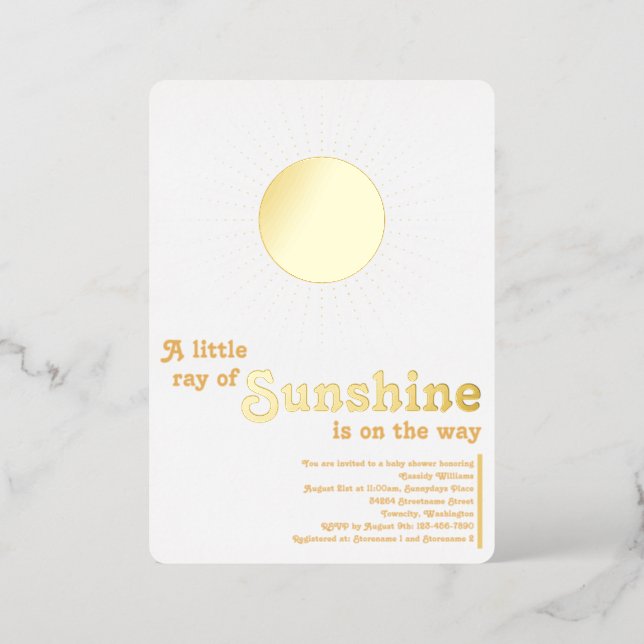 Sunshine White Gold Sun Baby Shower Foil Invitation (Standing Front)