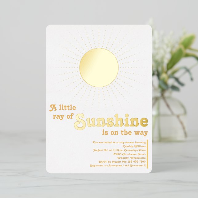 Sunshine White Gold Sun Baby Shower Foil Invitation (Standing Front)