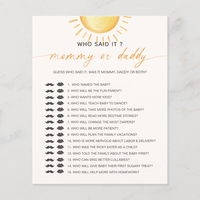 Sunshine Who Said It Mommy Daddy Baby Shower Game (Front)