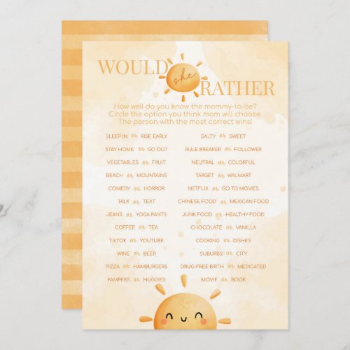 Sunshine Would She Rather Baby Shower Game Invitation