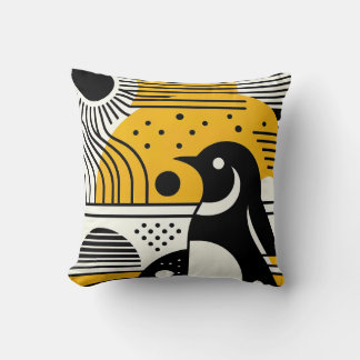 Sunshine Yellow Black Bauhaus Penguin With Retro Throw Pillow