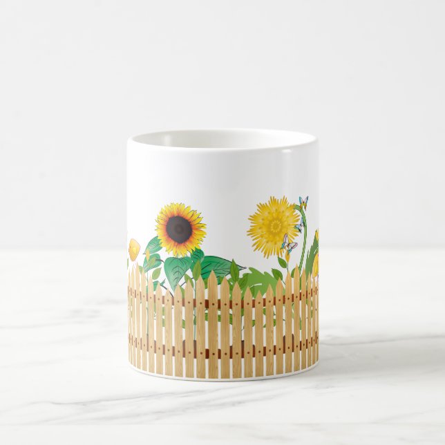 Sunshine Yellow Flowers and Garden Fence Nature Coffee Mug (Center)
