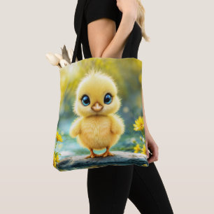 Sunshine yellow fluffy chicken blue - eyed bird tote bag