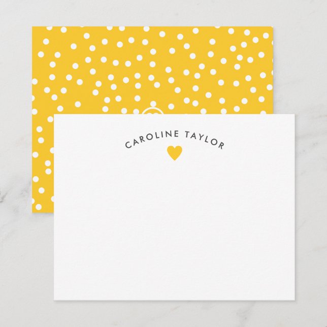 Sunshine Yellow Heart & Dots Cute Girly Note Card (Front/Back)