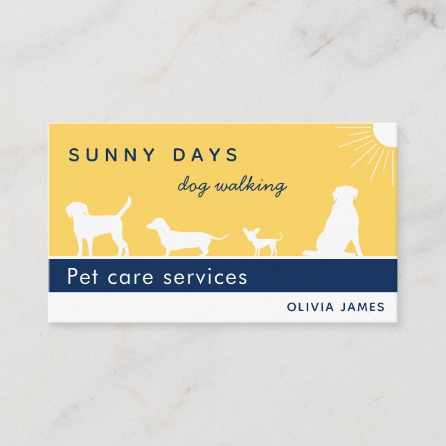 Sunshine yellow navy white sunny days dog pet care business card (Front)