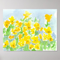 Sunshine Yellow Pansy Flowers Watercolor Painting Poster