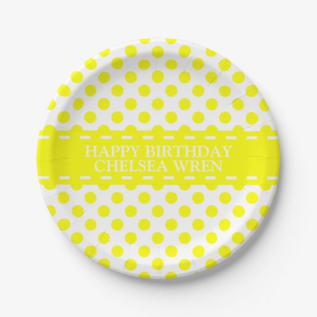 Sunshine Yellow Polka Dots on White Personalized Paper Plates (Front)