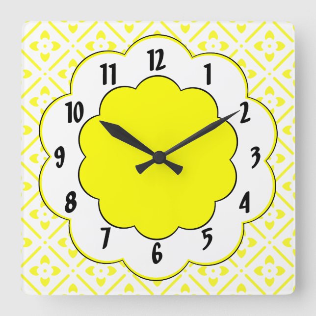 Sunshine Yellow Retro Flower Pattern Square Wall Clock (Front)