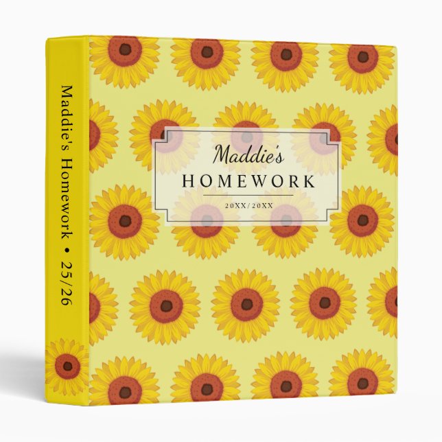 Sunshine Yellow Sunflower Pattern School 3 Ring Binder (Front/Spine)